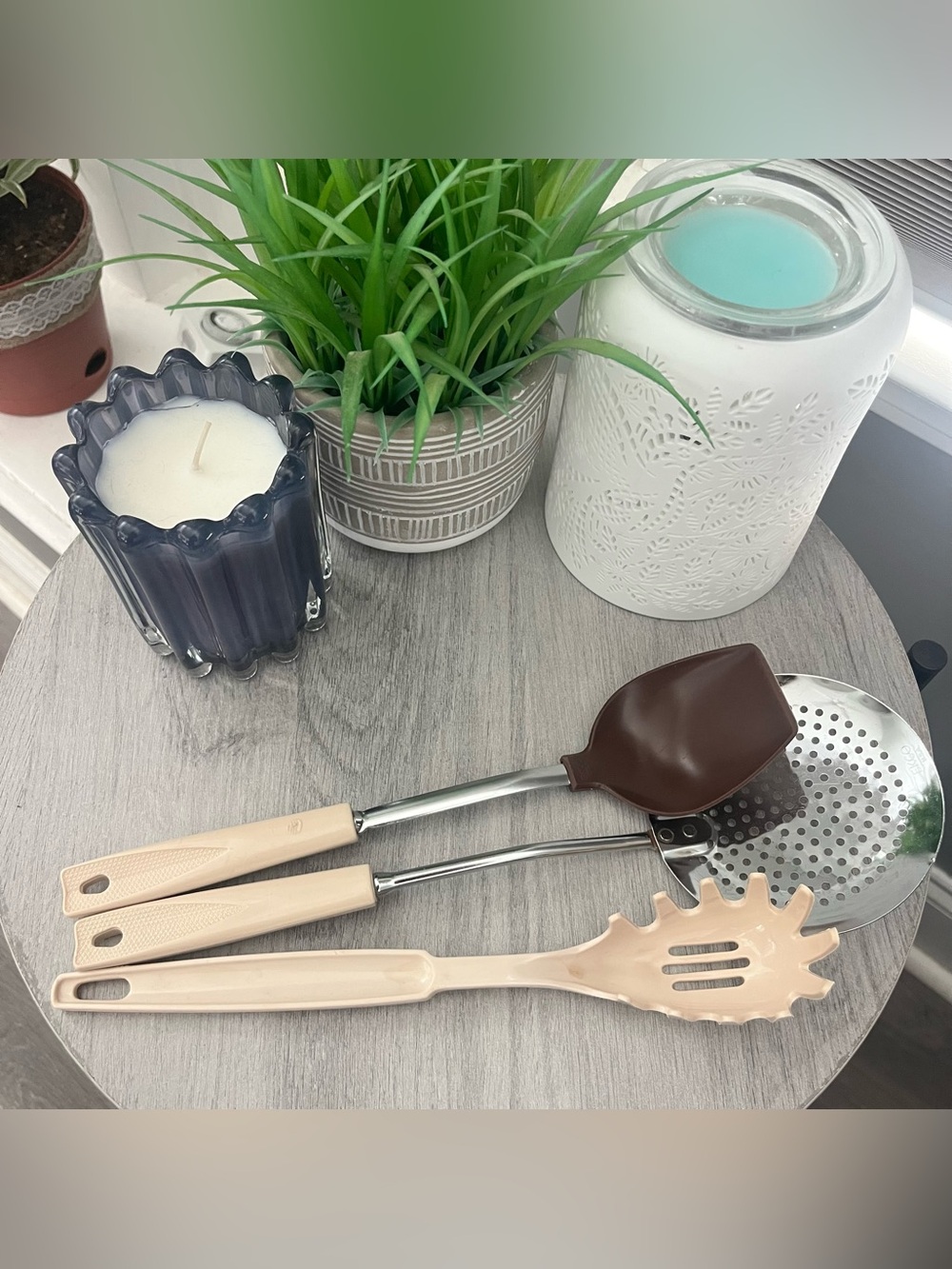 EKCO Almond Handle Kitchen Utensil Set 3 Pc Vintage Spoon Skimmer Pasta